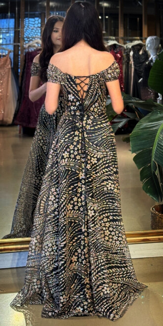 Siyah&Gold Madonna Yaka Sırt Dekolteli Kloş Etekli Simli Uzun Abiye Elbise 11066-01 - 5