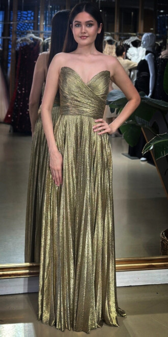 Siyah&Gold Straplez Yaka Kloş Etekli Jakarlı Uzun Abiye Elbise 11080-05 - abiyeniall