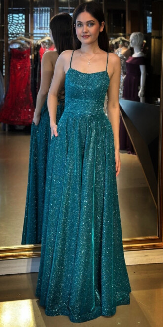 Turkuaz İp Askılı Sırt Dekolteli Kloş Etekli Simli Uzun Abiye Elbise 7601 