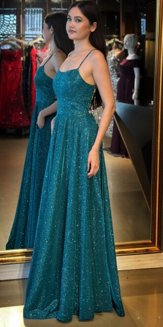 Turkuaz İp Askılı Sırt Dekolteli Kloş Etekli Simli Uzun Abiye Elbise 7601 - 2