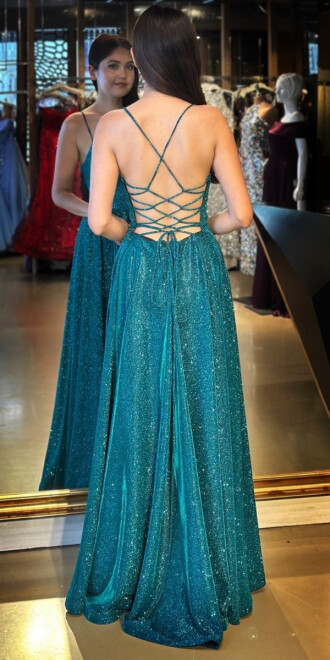 Turkuaz İp Askılı Sırt Dekolteli Kloş Etekli Simli Uzun Abiye Elbise 7601 - 5