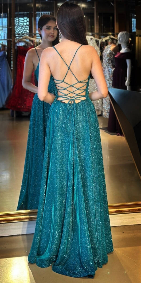 Turkuaz İp Askılı Sırt Dekolteli Kloş Etekli Simli Uzun Abiye Elbise 7601 - 5