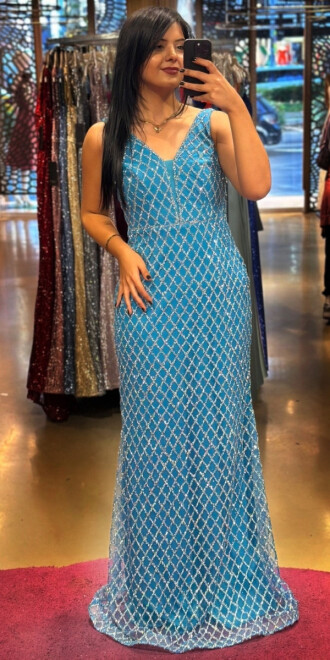 Turkuaz Kalın Askı Düz Kesim Simli Uzun Abiye Elbise 7587 - abiyeniall