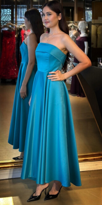 Turkuaz Straplez Yaka Kloş Etekli Saten Midi Abiye Elbise 7647 - 2