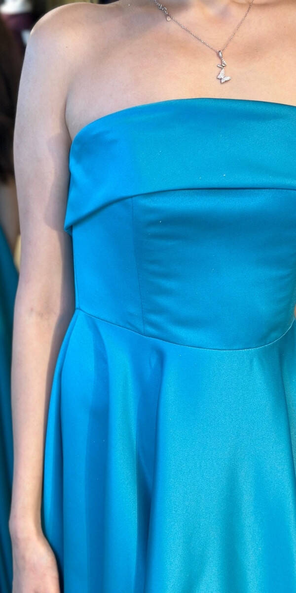 Turkuaz Straplez Yaka Kloş Etekli Saten Midi Abiye Elbise 7647 - 4