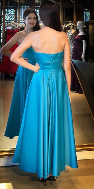 Turkuaz Straplez Yaka Kloş Etekli Saten Midi Abiye Elbise 7647 - 5