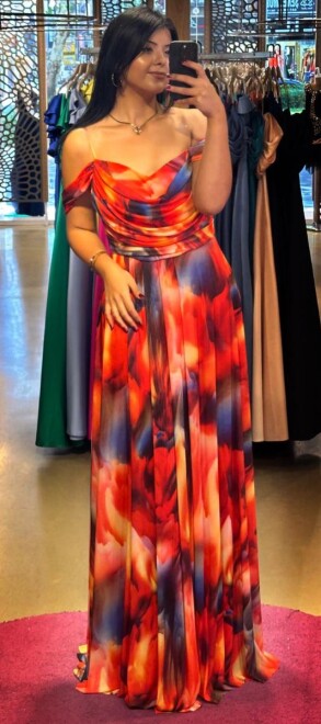 Turuncu İp Askılı Sırt Dekolteli Kloş Etekli Desenli Uzun Abiye Elbise 7592 - abiyeniall