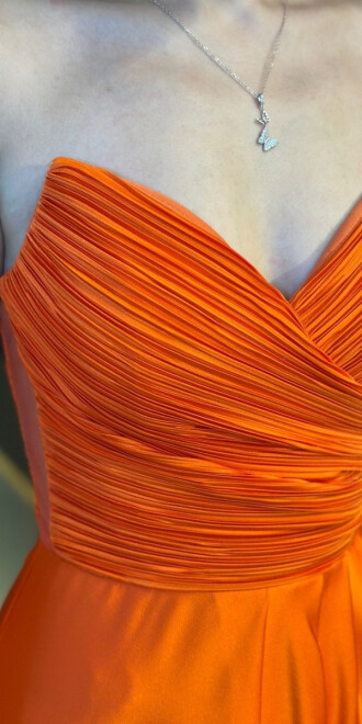 Turuncu Straplez Yaka Anvelop Yırtmaçlı Kloş Etekli Saten Uzun Abiye Elbise 11095 - 5