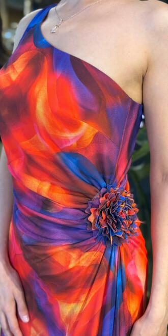 Turuncu Tek Omuzlu Çiçek Detaylı Kloş Etekli Desenli Uzun Abiye Elbise 11087-01 - 4