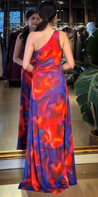 Turuncu Tek Omuzlu Çiçek Detaylı Kloş Etekli Desenli Uzun Abiye Elbise 11087-01 - 5