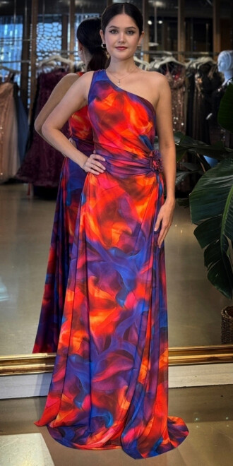 Turuncu Tek Omuzlu Çiçek Detaylı Kloş Etekli Desenli Uzun Abiye Elbise 11087-01 