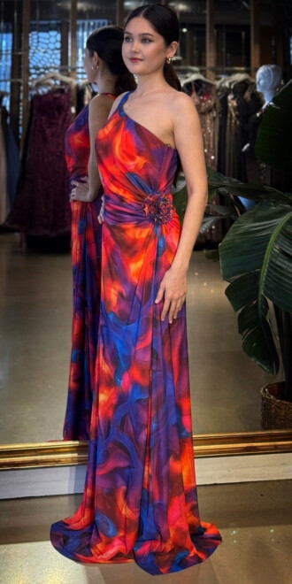 Turuncu Tek Omuzlu Çiçek Detaylı Kloş Etekli Desenli Uzun Abiye Elbise 11087-01 - 2