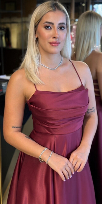 Vişne İp Askılı Sırt Dekolteli Kloş Etekli Saten Uzun Abiye Elbise 7764 - 3