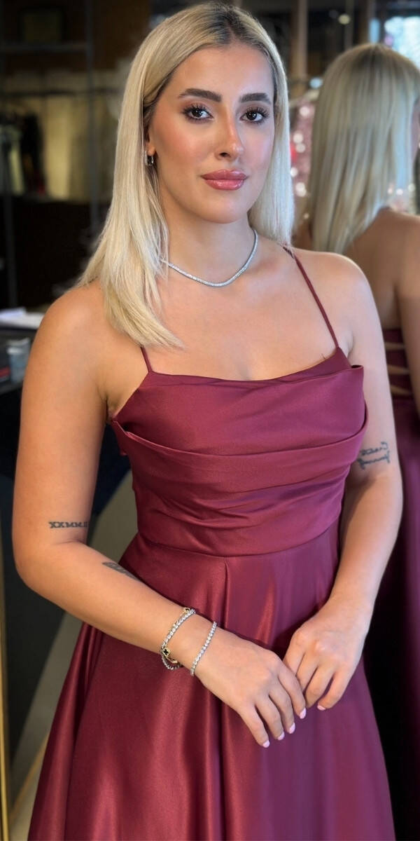 Vişne İp Askılı Sırt Dekolteli Kloş Etekli Saten Uzun Abiye Elbise 7764 - 3