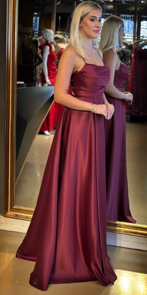 Vişne İp Askılı Sırt Dekolteli Kloş Etekli Saten Uzun Abiye Elbise 7764 - 2