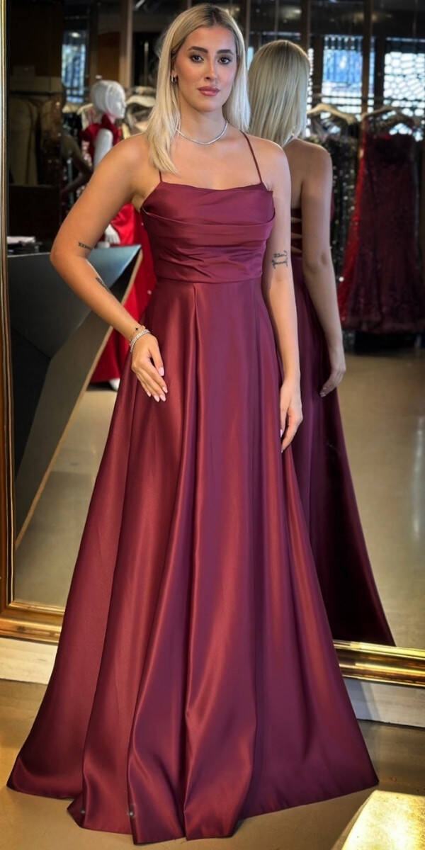 Vişne İp Askılı Sırt Dekolteli Kloş Etekli Saten Uzun Abiye Elbise 7764 - 1