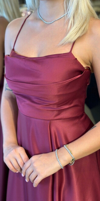 Vişne İp Askılı Sırt Dekolteli Kloş Etekli Saten Uzun Abiye Elbise 7764 - 4