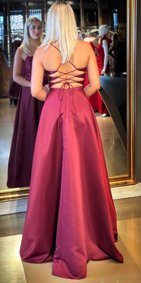 Vişne İp Askılı Sırt Dekolteli Kloş Etekli Saten Uzun Abiye Elbise 7764 - 5