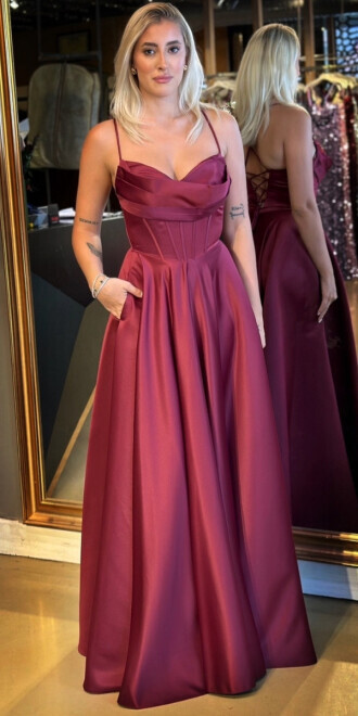 Vişne İp Askılı Sırt Dekolteli Kloş Etekli Saten Uzun Abiye Elbise 7783 