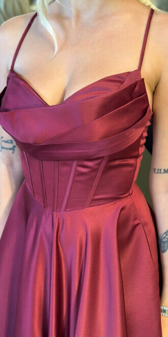 Vişne İp Askılı Sırt Dekolteli Kloş Etekli Saten Uzun Abiye Elbise 7783 - 4