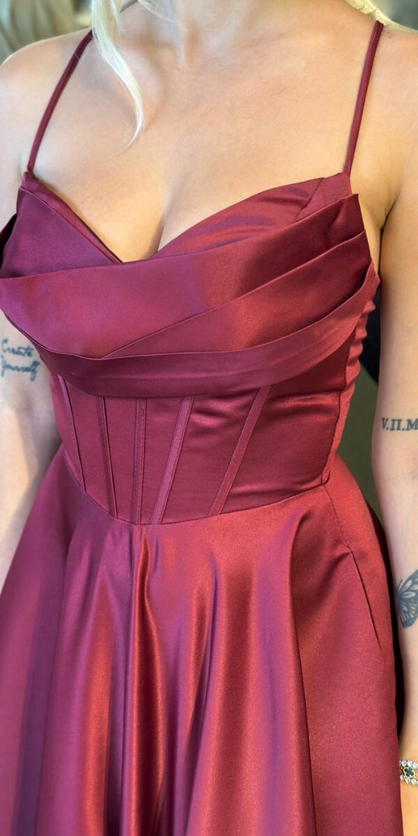 Vişne İp Askılı Sırt Dekolteli Kloş Etekli Saten Uzun Abiye Elbise 7783 - 4