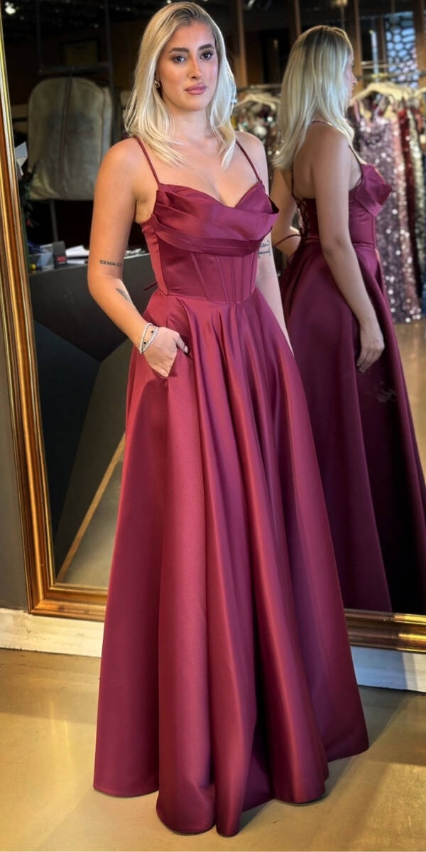 Vişne İp Askılı Sırt Dekolteli Kloş Etekli Saten Uzun Abiye Elbise 7783 - 2