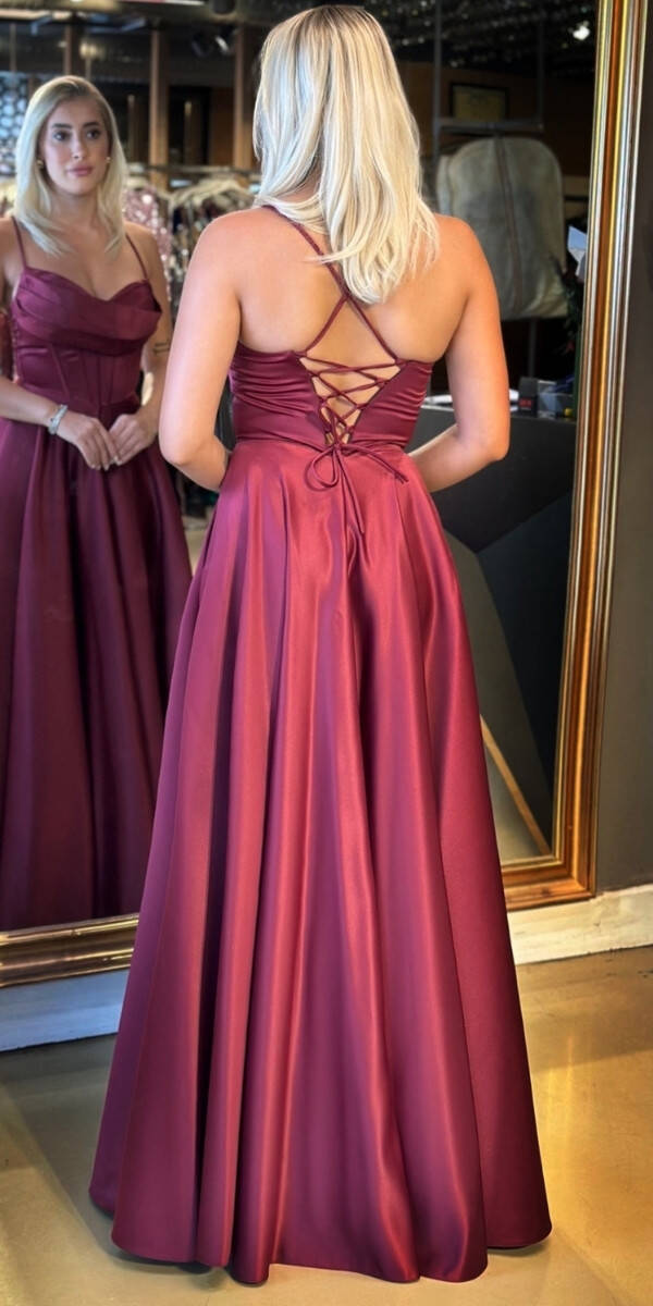 Vişne İp Askılı Sırt Dekolteli Kloş Etekli Saten Uzun Abiye Elbise 7783 - 5