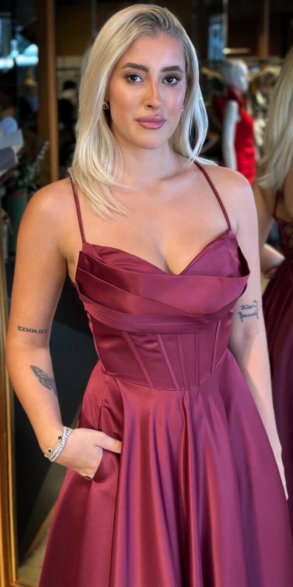 Vişne İp Askılı Sırt Dekolteli Kloş Etekli Saten Uzun Abiye Elbise 7783 - 3