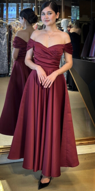 Vişne Madonna Yaka Kloş Etekli Saten Midi Abiye Elbise 7672 - abiyeniall