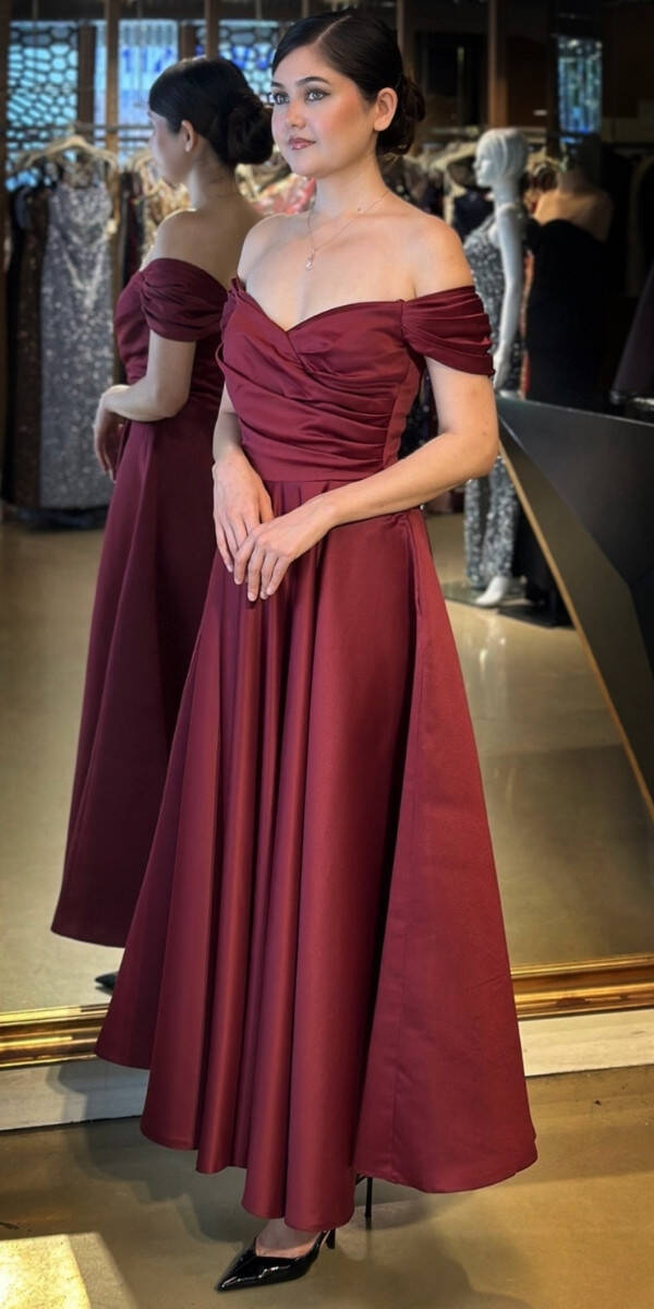 Vişne Madonna Yaka Kloş Etekli Saten Midi Abiye Elbise 7672 - 2