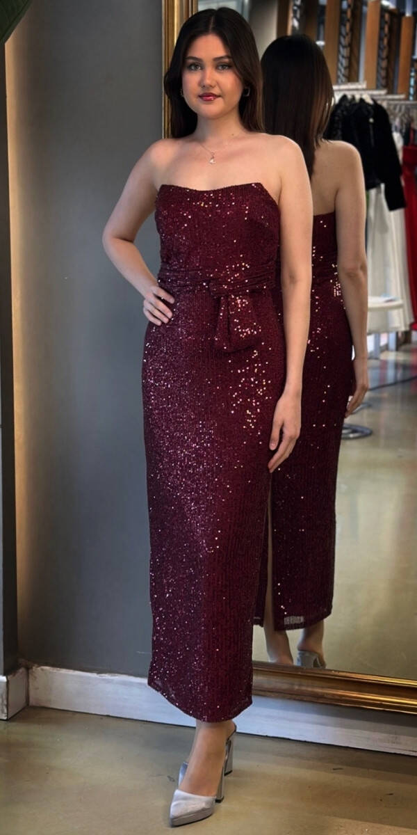 Vişne Renk Düz Kesim Payet Midi Abiye Elbise 7716 - 1