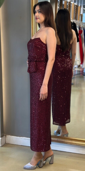 Vişne Renk Düz Kesim Payet Midi Abiye Elbise 7716 - 3