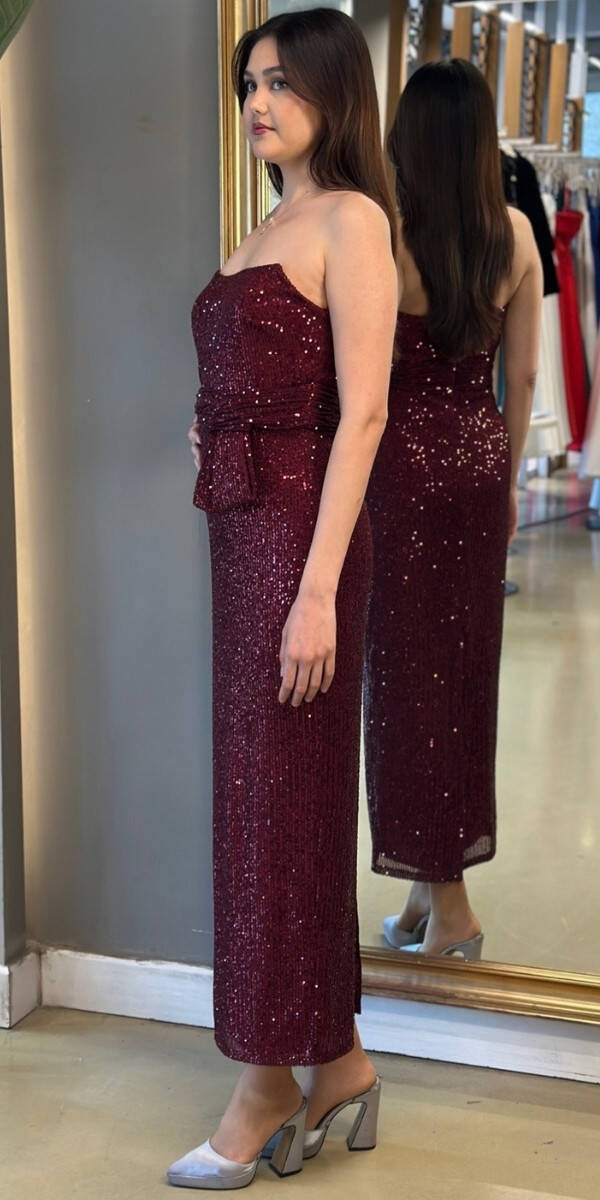 Vişne Renk Düz Kesim Payet Midi Abiye Elbise 7716 - 3