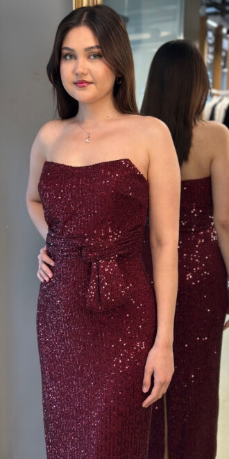 Vişne Renk Düz Kesim Payet Midi Abiye Elbise 7716 - 2