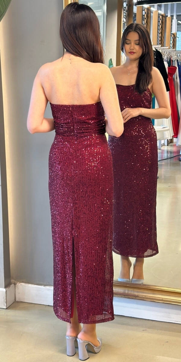 Vişne Renk Düz Kesim Payet Midi Abiye Elbise 7716 - 5