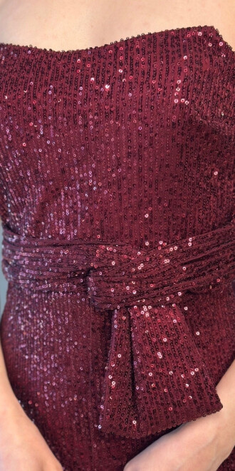 Vişne Renk Düz Kesim Payet Midi Abiye Elbise 7716 - 4