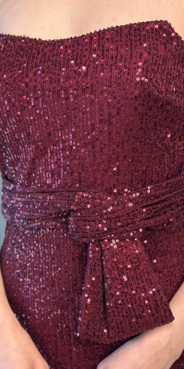 Vişne Renk Düz Kesim Payet Midi Abiye Elbise 7716 - 4