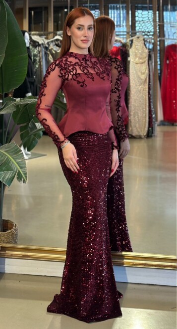 Vişne Renk Hakim Yaka Uzun Kollu Dantel Detaylı Balık Likralı Pul Payet Uzun Abiye Elbise 11198-02 - abiyeniall