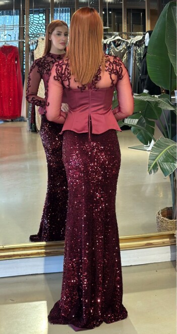 Vişne Renk Hakim Yaka Uzun Kollu Dantel Detaylı Balık Likralı Pul Payet Uzun Abiye Elbise 11198-02 - 5