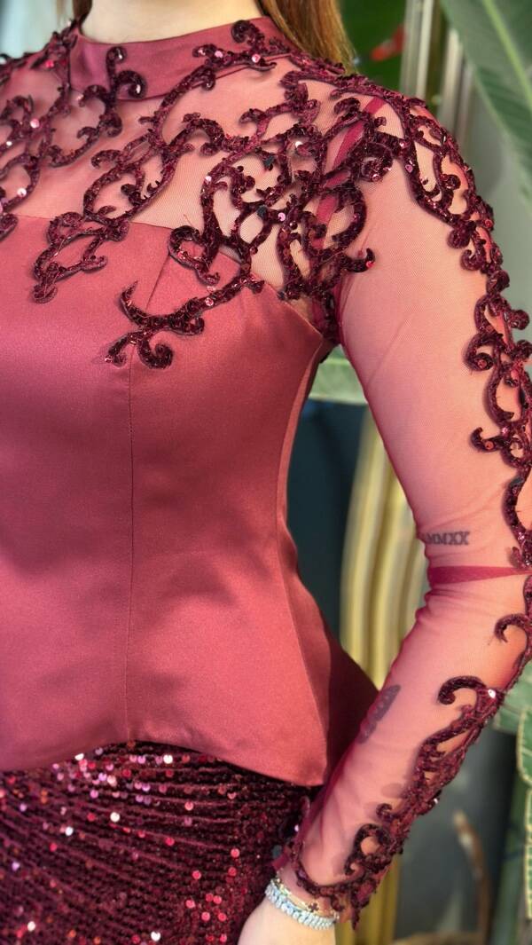 Vişne Renk Hakim Yaka Uzun Kollu Dantel Detaylı Balık Likralı Pul Payet Uzun Abiye Elbise 11198-02 - 3