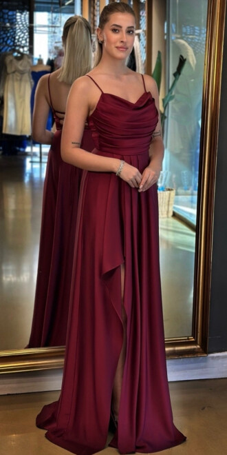 Vişne Renk İp Askılı Yırtmaçlı Kloş Etekli Saten Uzun Abiye Elbise 7234 