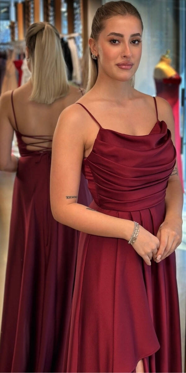 Vişne Renk İp Askılı Yırtmaçlı Kloş Etekli Saten Uzun Abiye Elbise 7234 - 2