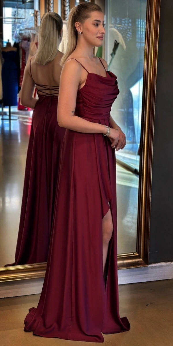 Vişne Renk İp Askılı Yırtmaçlı Kloş Etekli Saten Uzun Abiye Elbise 7234 - 3