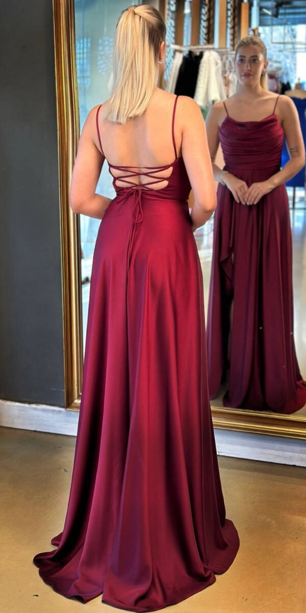 Vişne Renk İp Askılı Yırtmaçlı Kloş Etekli Saten Uzun Abiye Elbise 7234 - 5