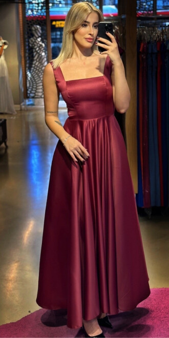 Vişne Renk Kalın Askı Kloş Etekli Saten Midi Abiye Elbise 7631 - abiyeniall