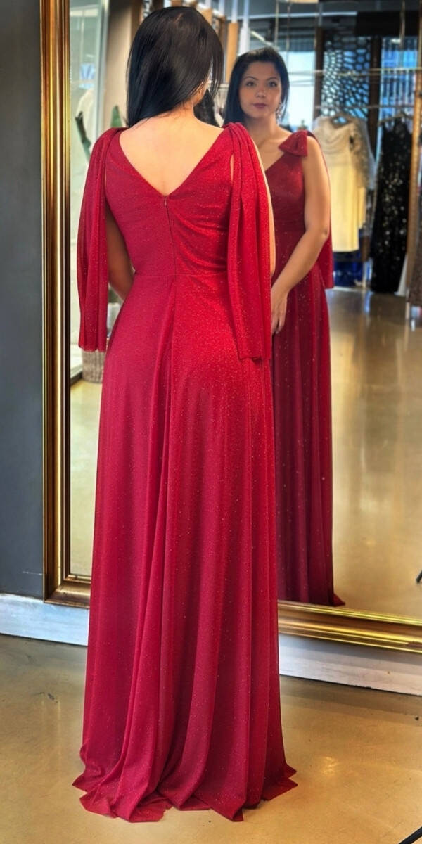 Vişne Renk Kalın Askı Kloş Etekli Simli Kumaş Uzun Abiye Elbise 7557 - 5