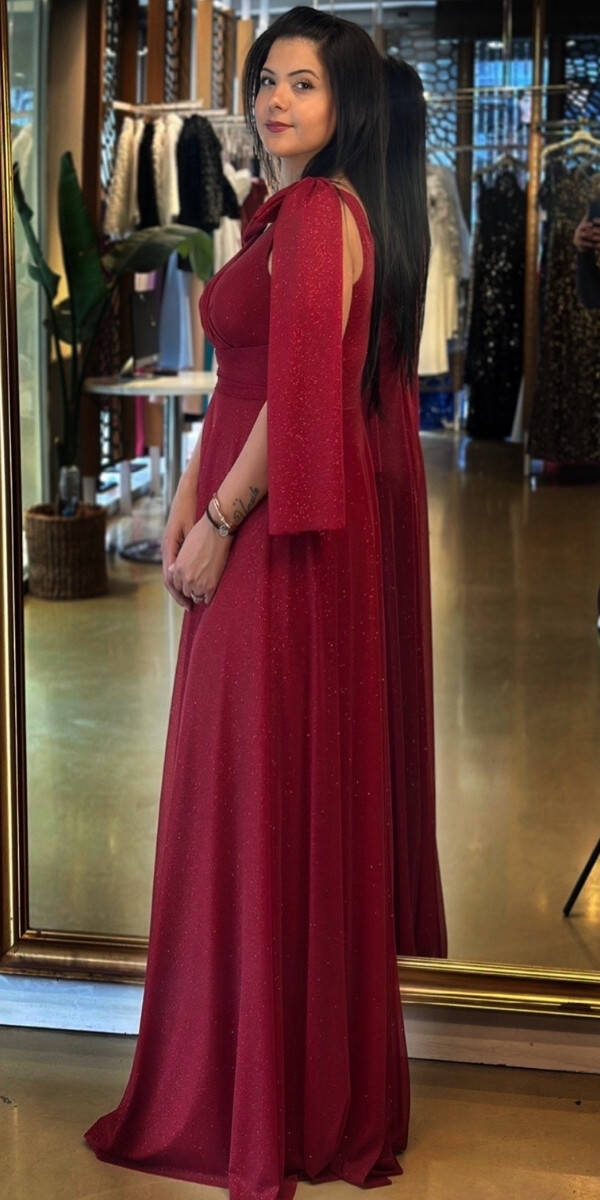 Vişne Renk Kalın Askı Kloş Etekli Simli Kumaş Uzun Abiye Elbise 7557 - 3