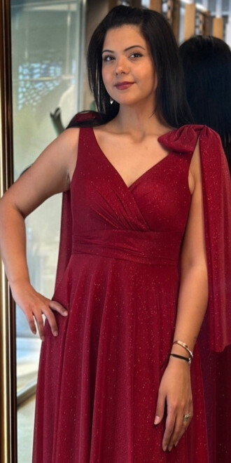 Vişne Renk Kalın Askı Kloş Etekli Simli Kumaş Uzun Abiye Elbise 7557 - 2