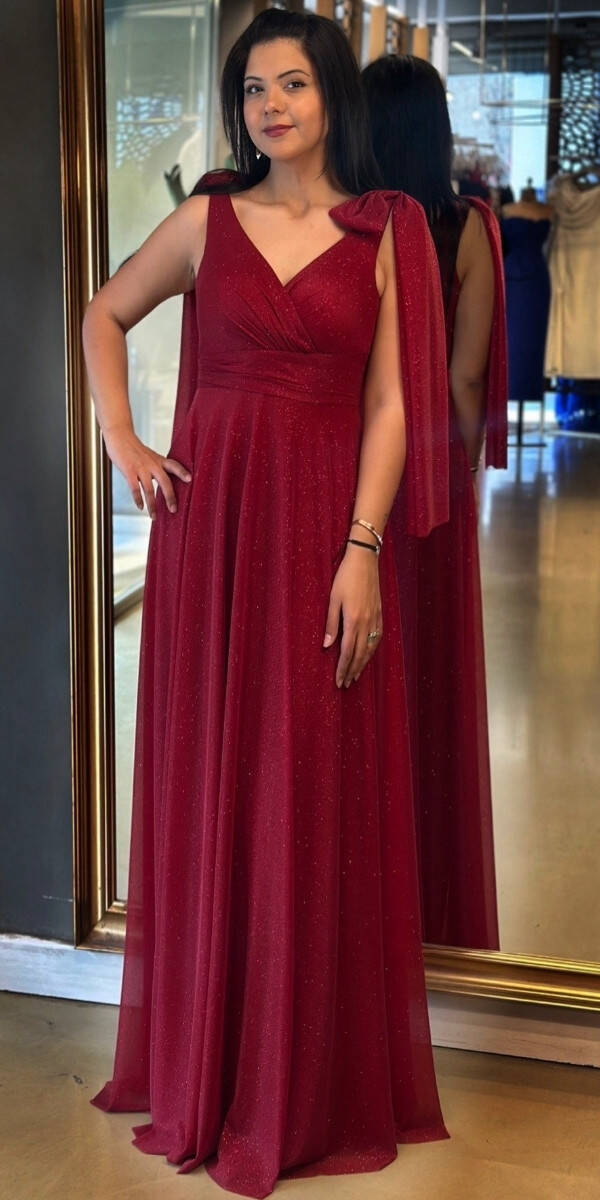 Vişne Renk Kalın Askı Kloş Etekli Simli Kumaş Uzun Abiye Elbise 7557 - 1