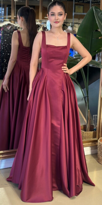 Vişne Renk Kare Yaka Kalın Askı Kloş Etekli Tafta Uzun Abiye Elbise 11136-06 - abiyeniall